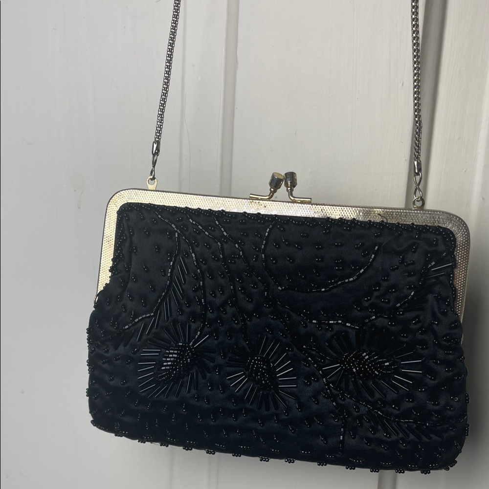 La Regale Black Beaded Clutch with Silver Accents